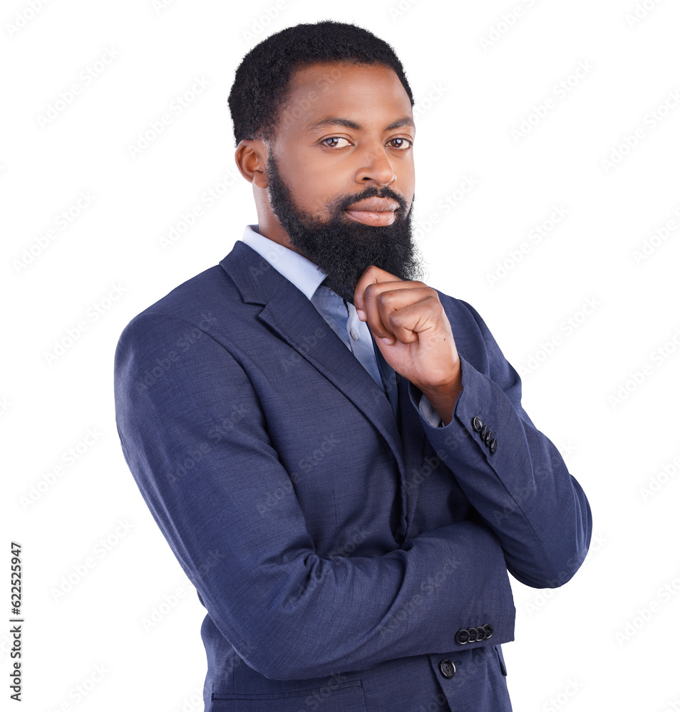 Businessman, professional portrait and black man with a business on transparent, isolated or png bac