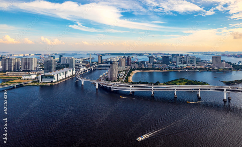 Aerial view of the Rainbow Bridge in Odaiba, Tokyo, Japan