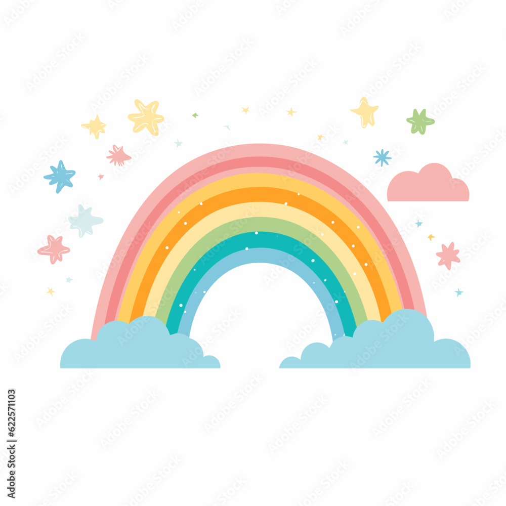 Rainbow with stars and clouds on white background with white background.