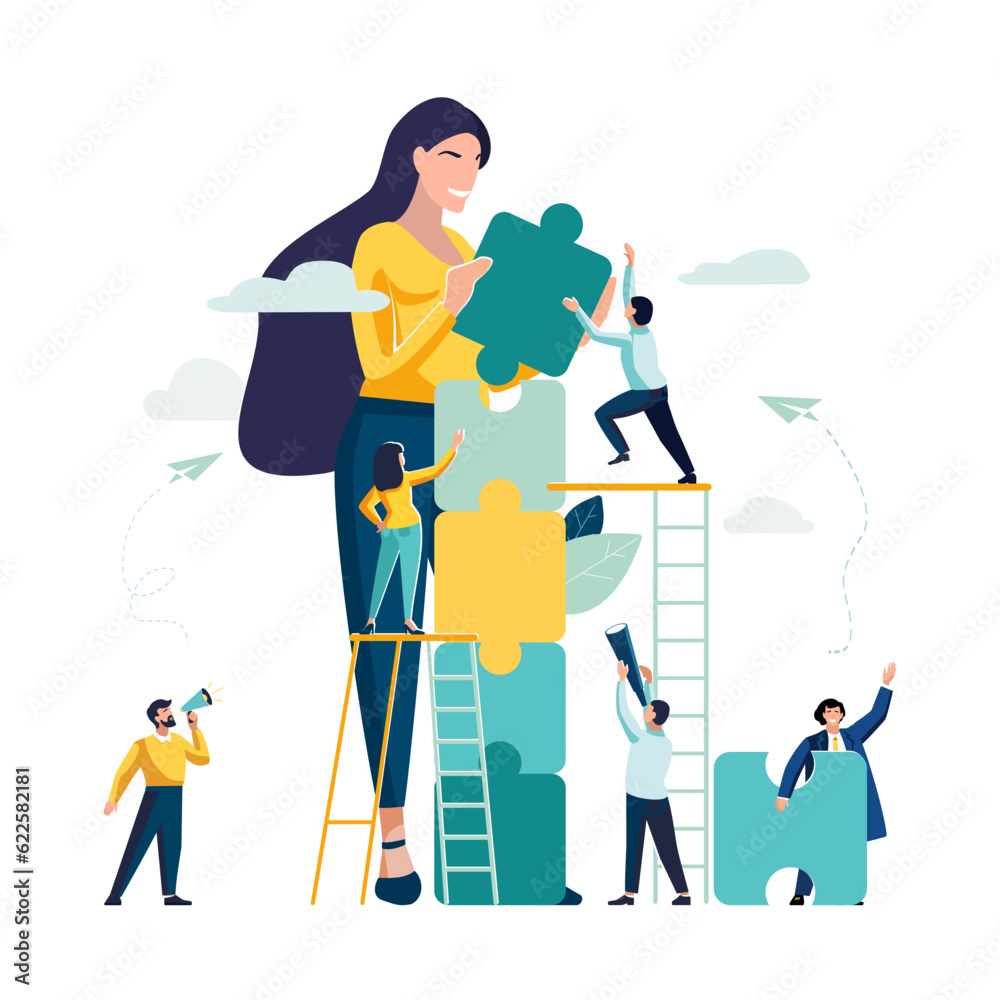 puzzle people connecting elements. Vector illustration flat design style. Symbol of teamwork, cooper