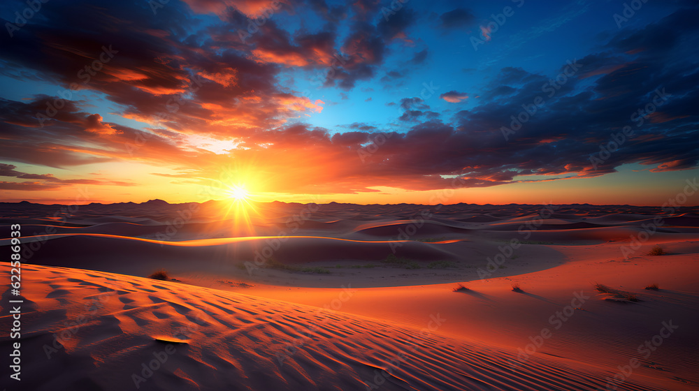 sunrise in a desert with colorful dunes in the foreground