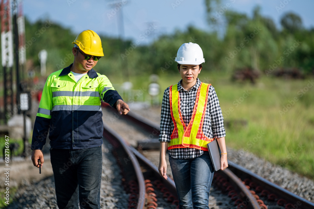 Architects and engineers are walking, inspecting and inspecting the railway switchgear construction 