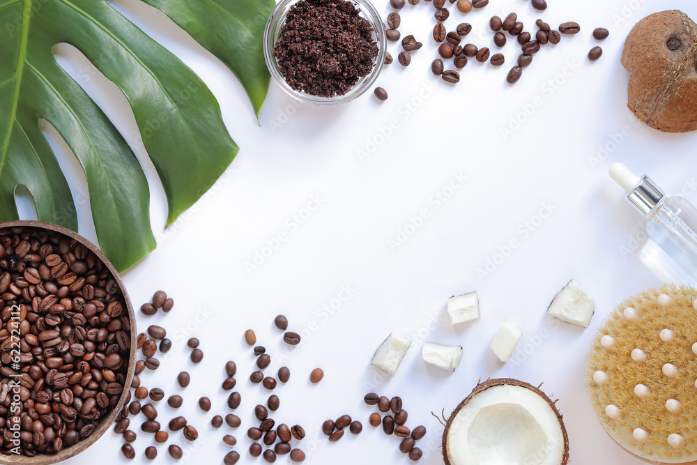 Spa self care concept. Flat lay composition of homemade coffee scrub ingredients on white background