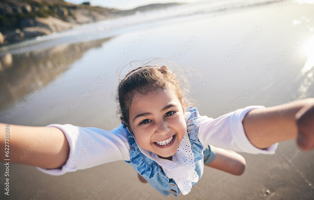 Person, spinning girl and pov at beach, portrait and smile for game, excited face and playing by sea