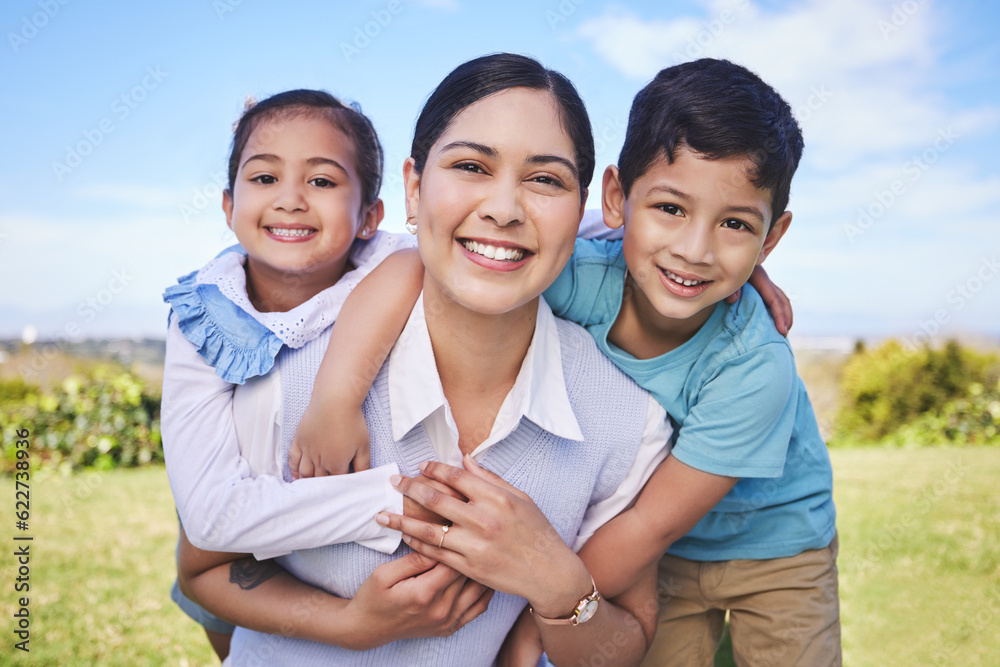 Happy mother, portrait and hug with kids in nature for quality time, bonding or love together outdoo