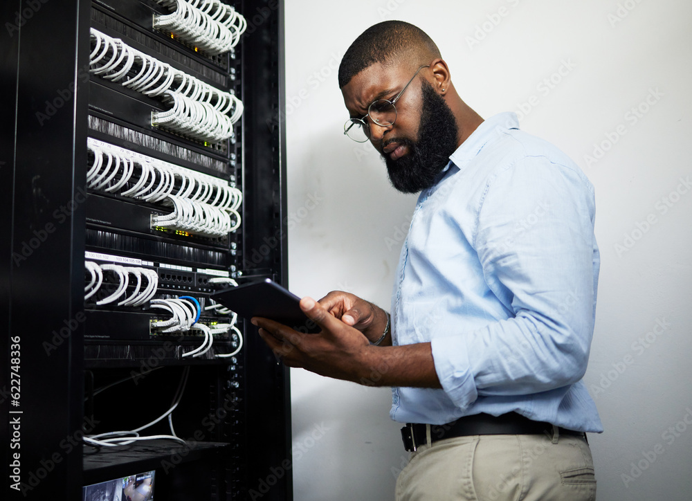 Data center, tablet and serious technician man with cables for internet connection for software prog