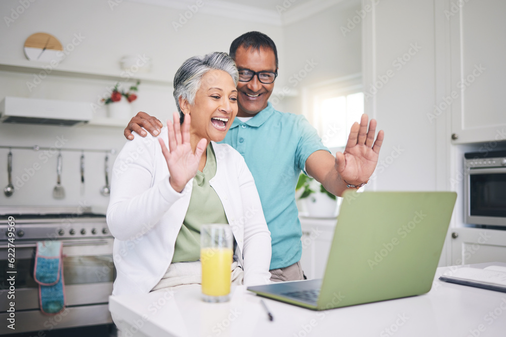 Senior couple, laptop and hello for video call with internet connection, communication and wave. A m