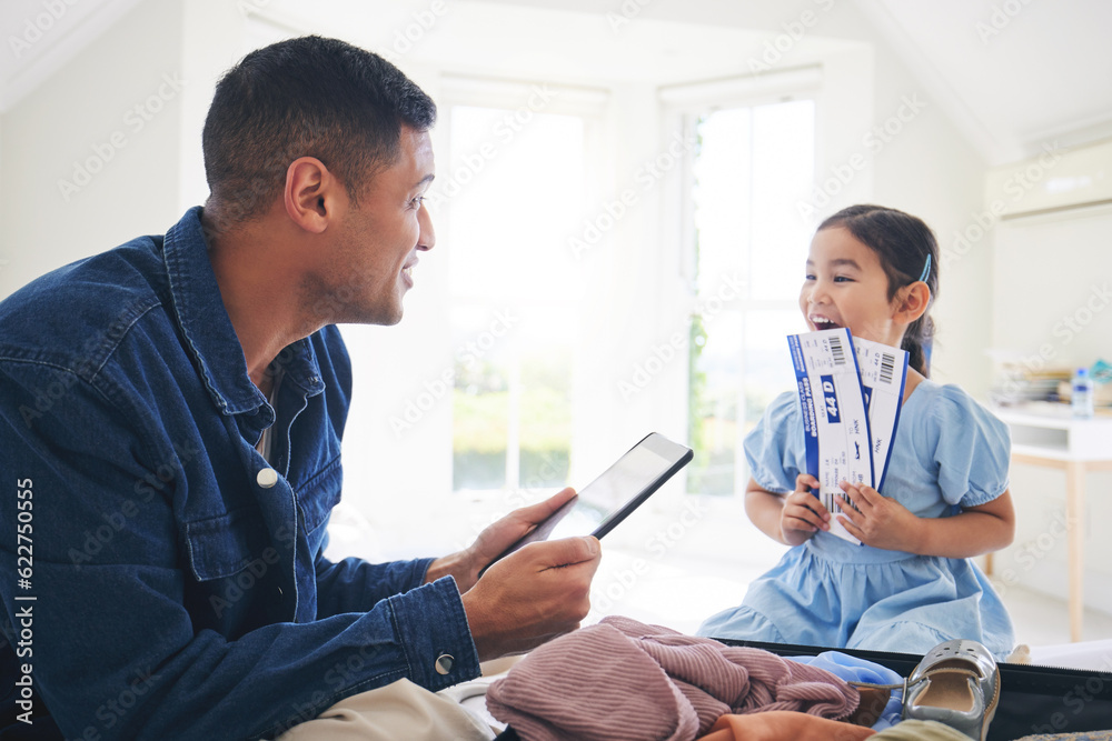 Happy father, child and tickets for flight, travel or holiday vacation together at home. Excited lit