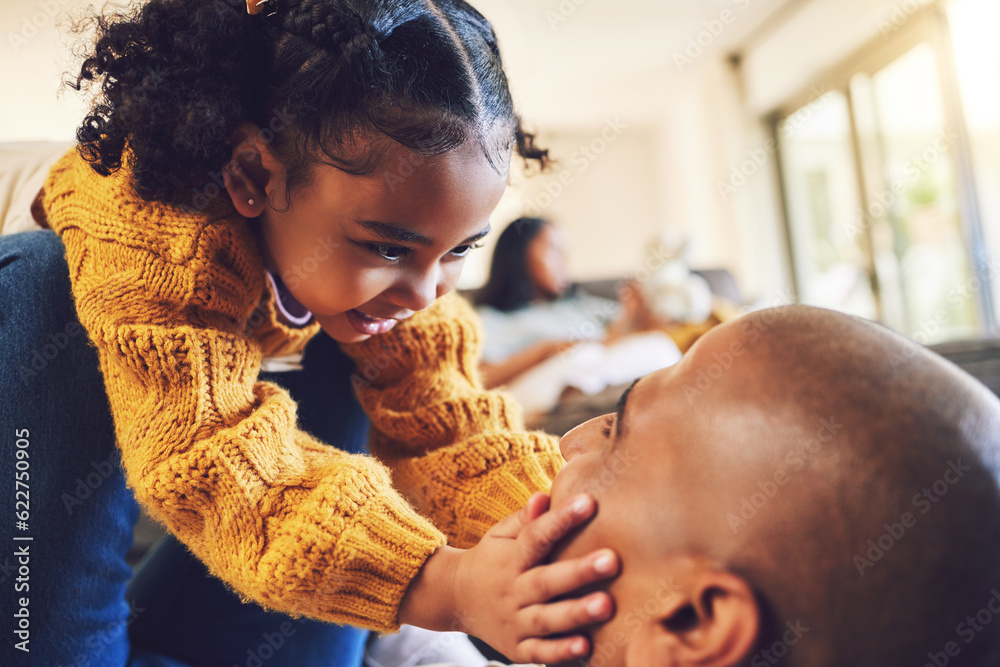 Happy father, girl and touch face in home living room, bonding and having fun together. Smile, dad a