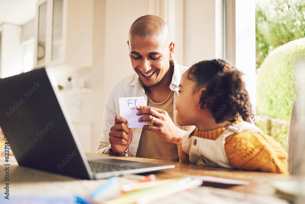 Father, teaching and girl in home for education with cards or laptop for childhood development with 