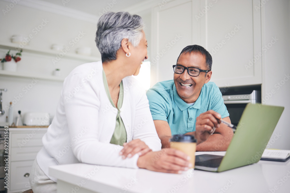 Laptop, talking and mature couple with internet connection, communication and love. A man and woman 