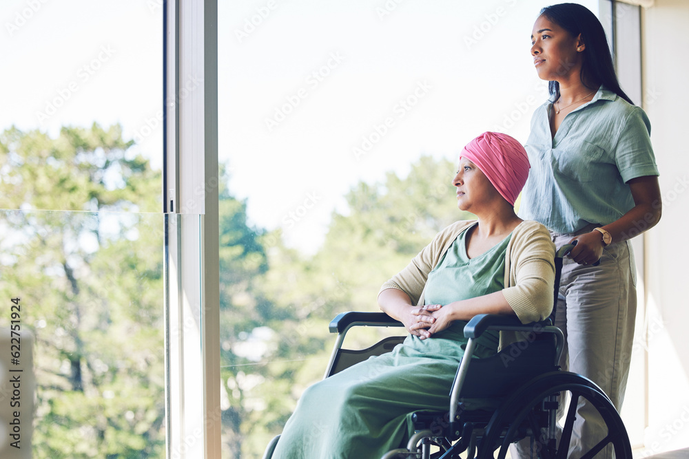 Senior woman cancer, wheelchair or daughter by window while thinking of treatment, healthcare and me