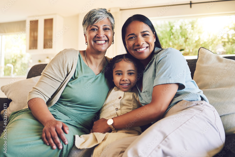 Mother, grandma or portrait of happy family on a sofa with love enjoying quality bonding together in