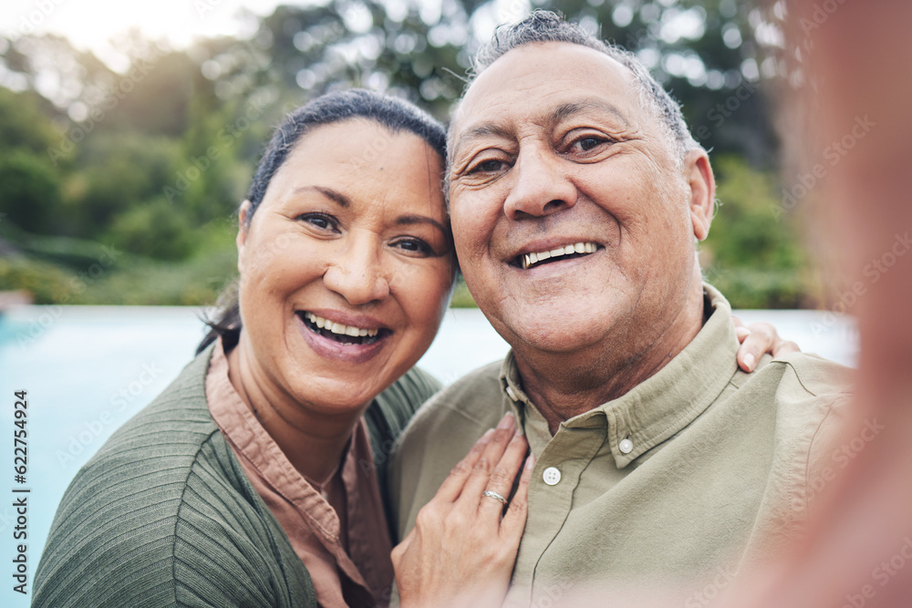 Face, selfie and funny elderly couple outdoor taking photo for happy memory, social media or profile