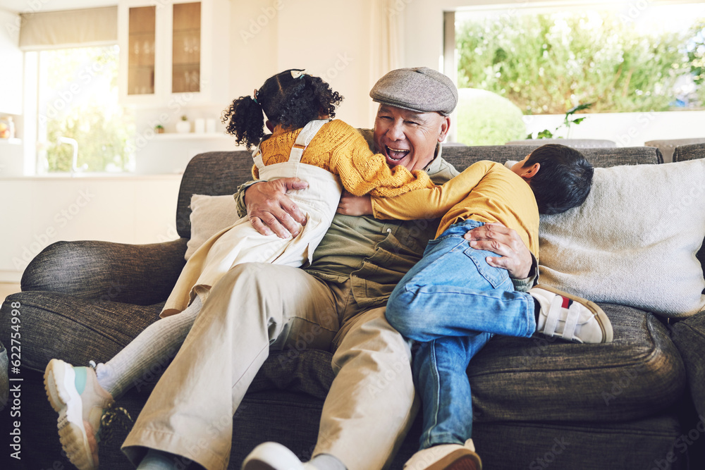 Hug, grandfather playing or happy kids in family home on sofa with love enjoying bonding time togeth