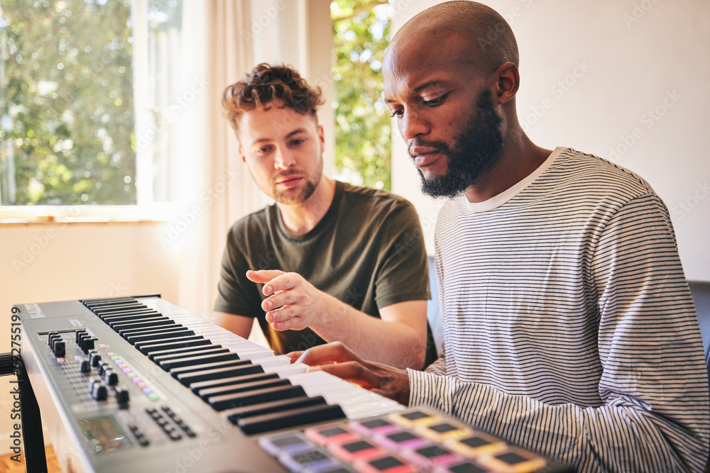 Male student, learning and piano with teacher for education or creativity with diversity. Music, les