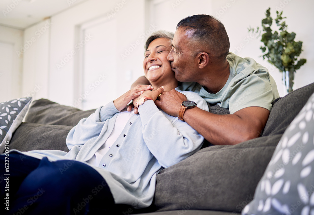 Hug, surprise kiss and happy elderly couple bonding, relax and spending time together, smile and enj