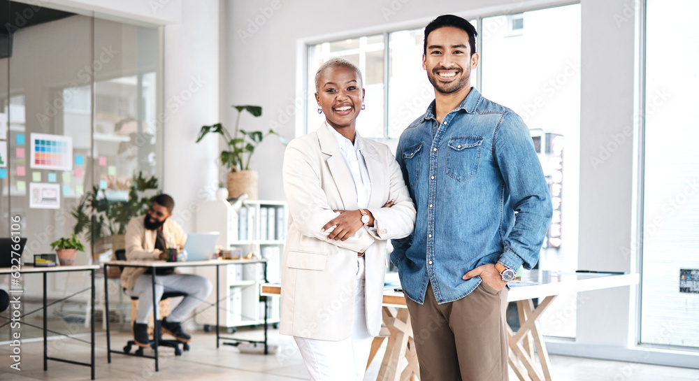 Happy, business people and portrait in office for leadership, support or motivation at design agency