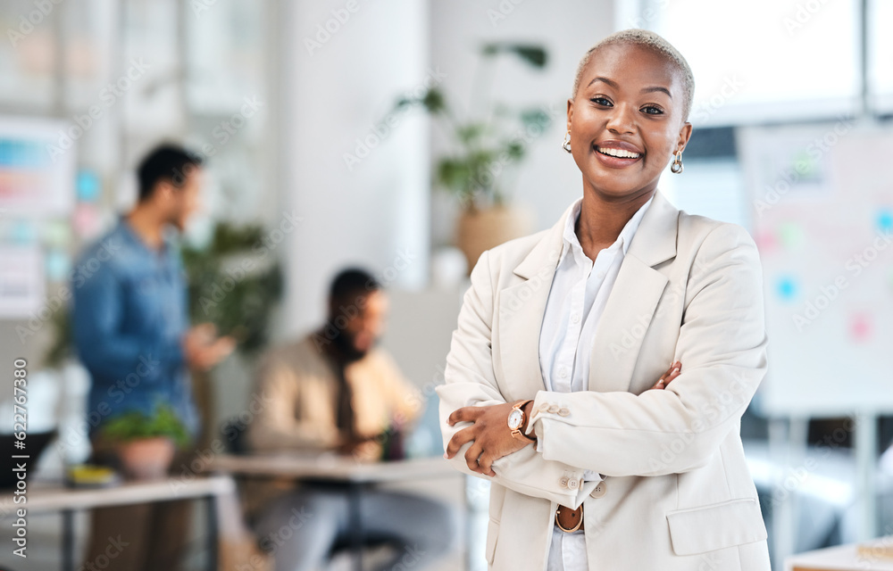 Portrait, smile and black woman in modern office with arms crossed, leadership and startup business.