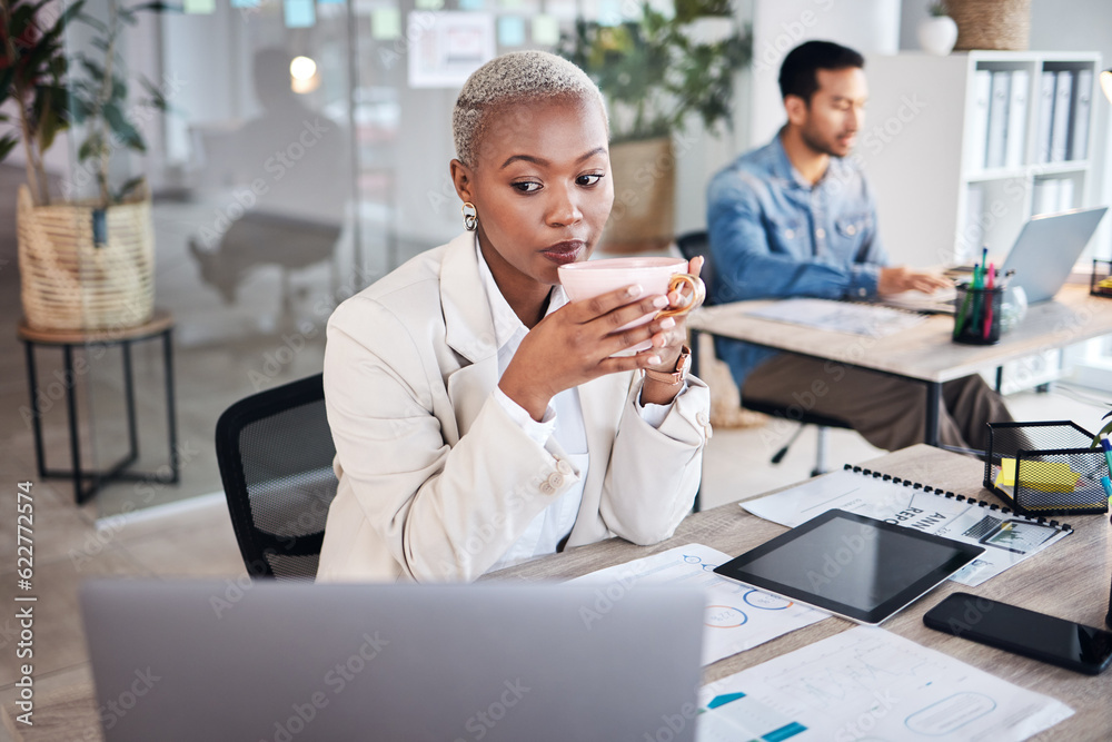 Thinking, coffee and business black woman on laptop working on online proposal, strategy and plannin