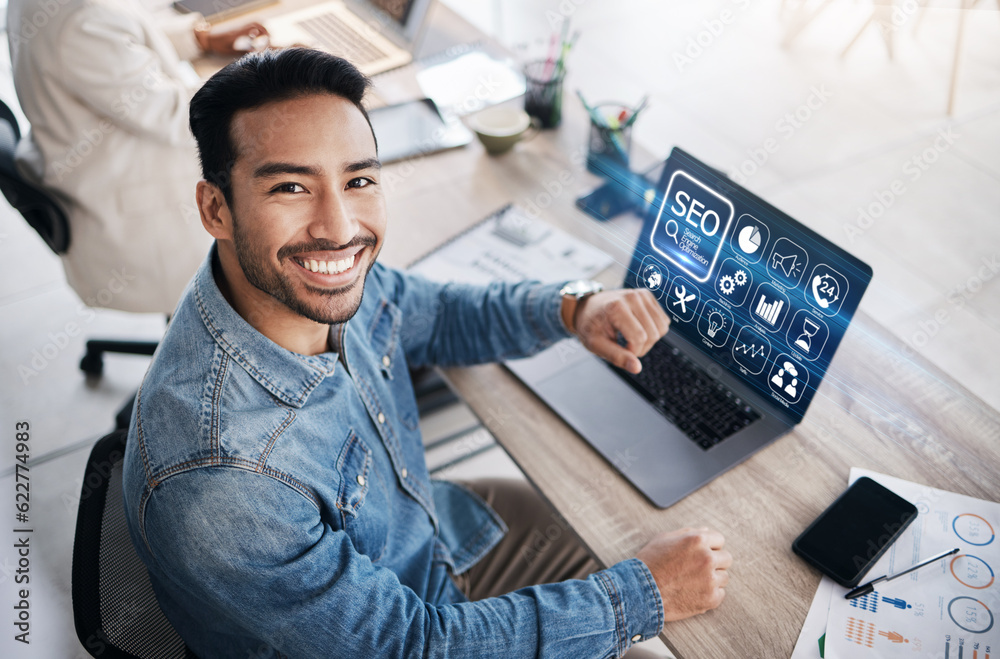 Seo, laptop screen and ux with portrait of man in office for research, communication and website. In