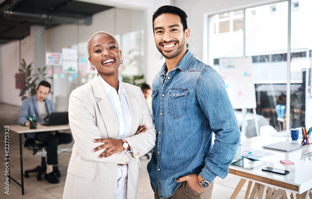 Business people, portrait and happy laughing in office for leadership, motivation and partnership. F