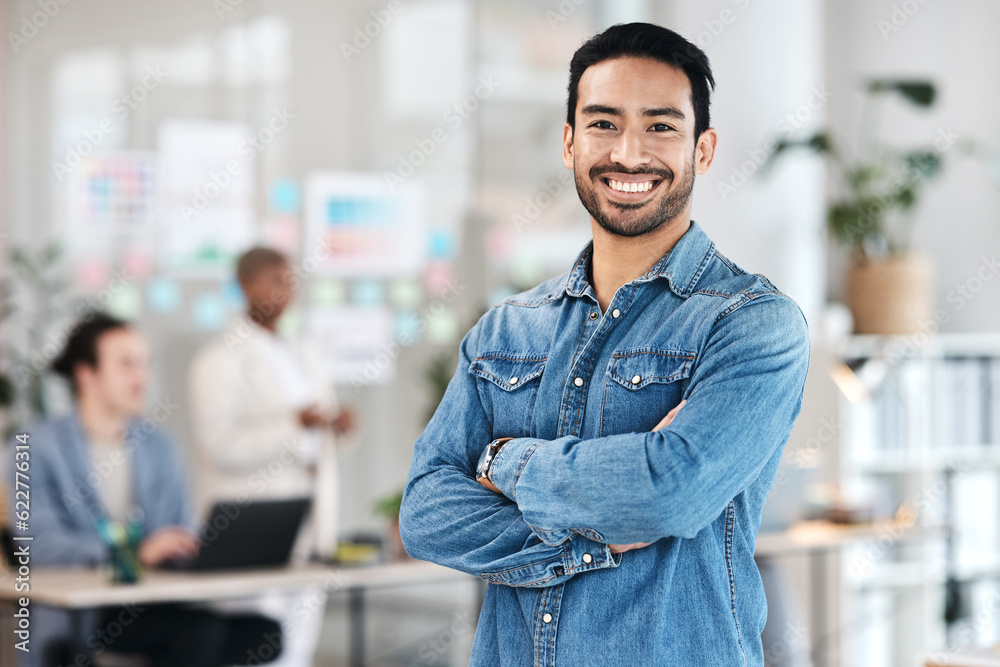 Portrait, confident and happy man in office with mockup, leadership and startup business ceo at agen