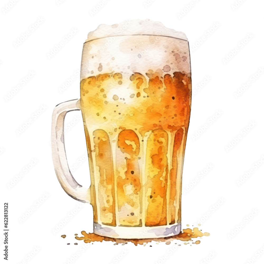 Watercolor beer glass isolated. Illustration AI Generative.