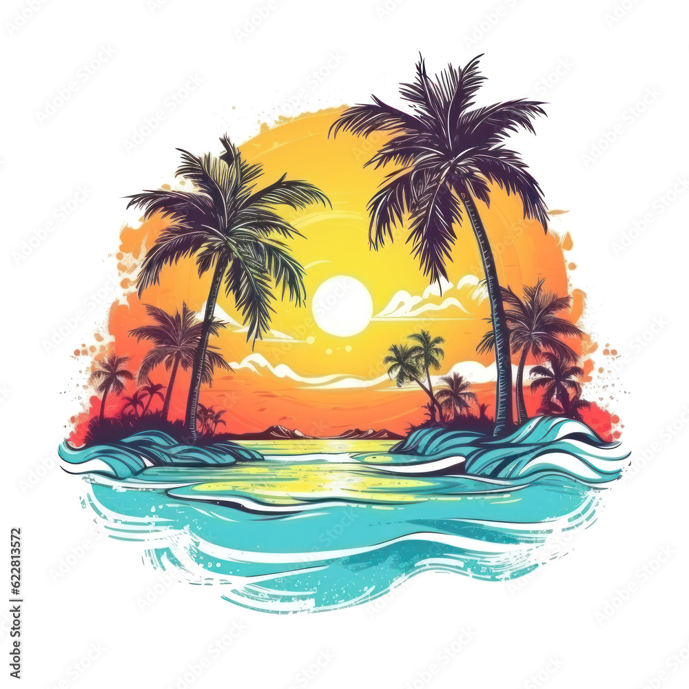 Summer tropical t-shirt design. Illustration AI Generative.