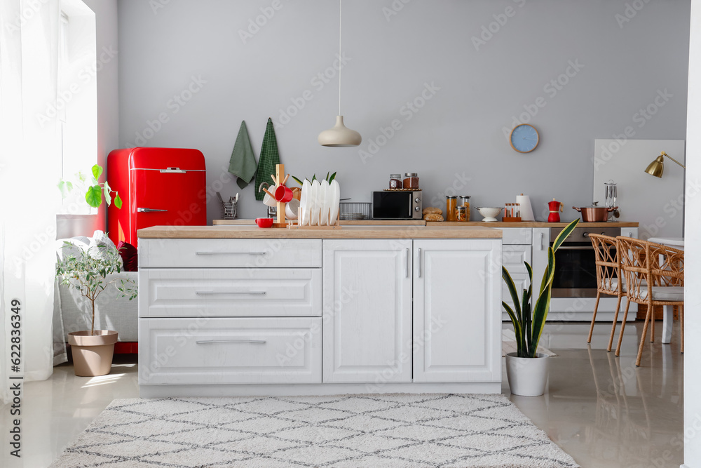 Interior of light kitchen with red fridge, counters and houseplants