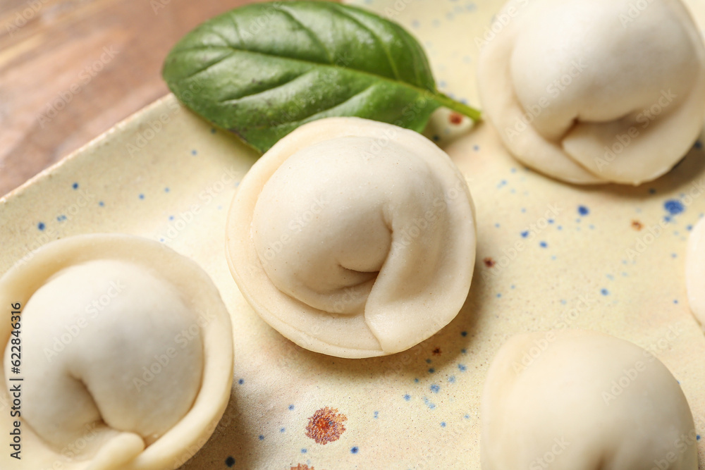 Plate with uncooked dumplings on table, closeup