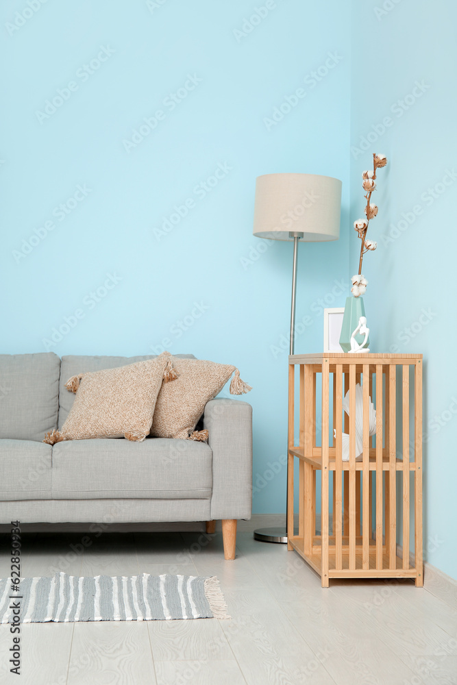 Interior of living room with sofa, lamp and shelf unit