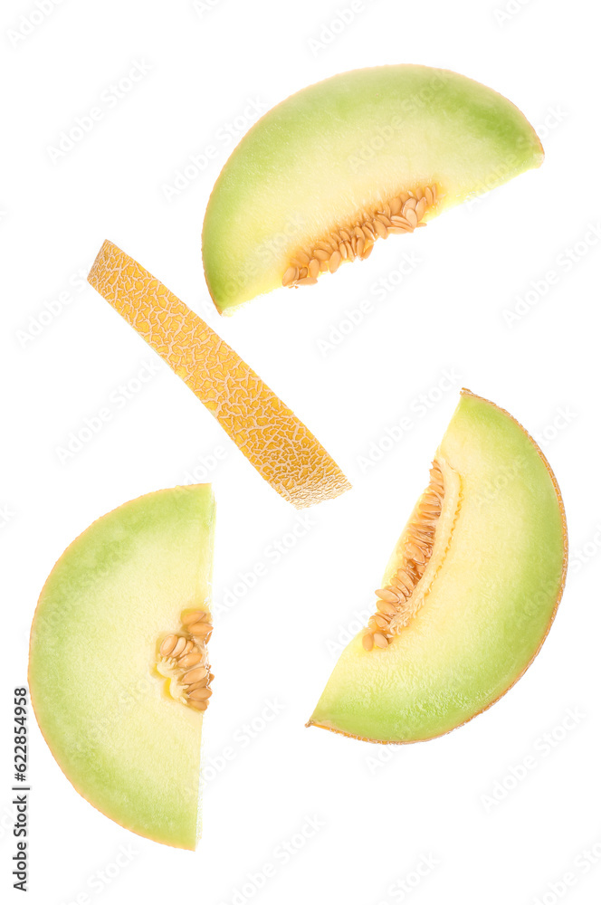 Pieces of sweet melon on white background