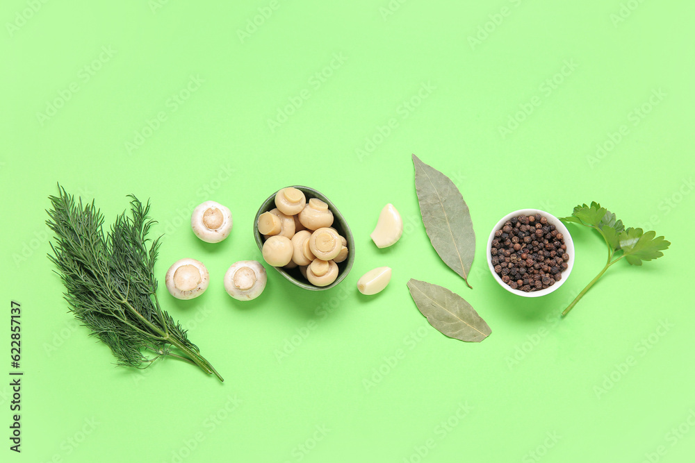 Bowl with canned mushrooms and ingredients for preservation on green background