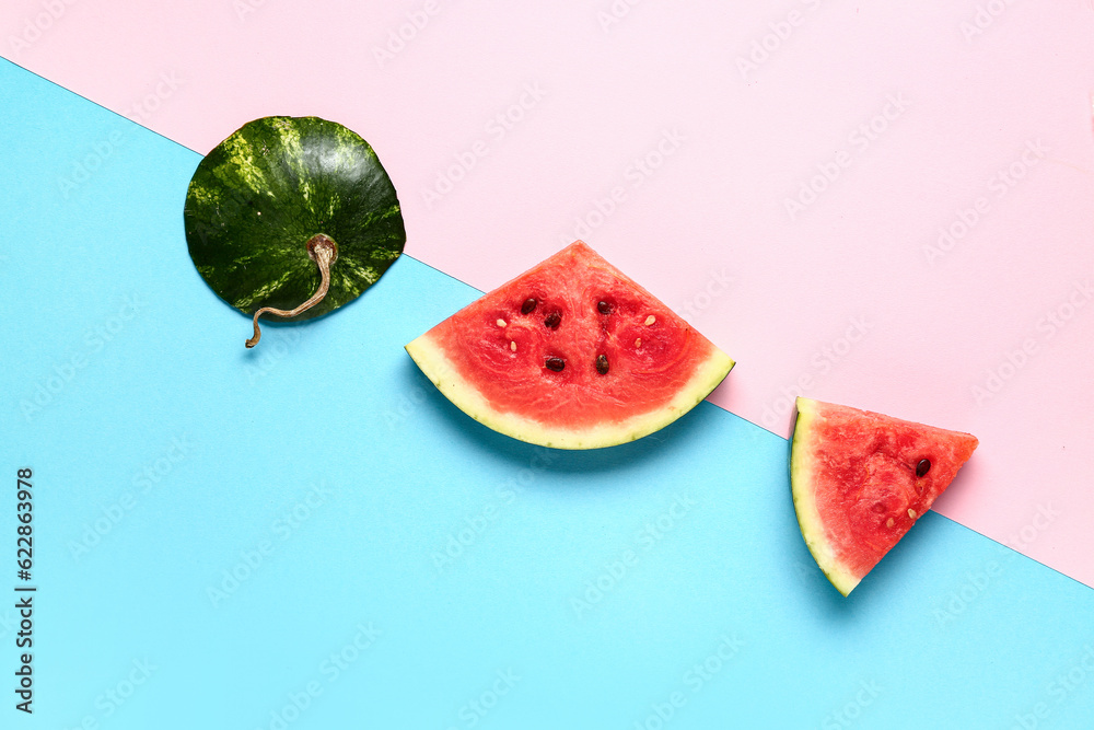 Pieces of fresh watermelon on colorful background