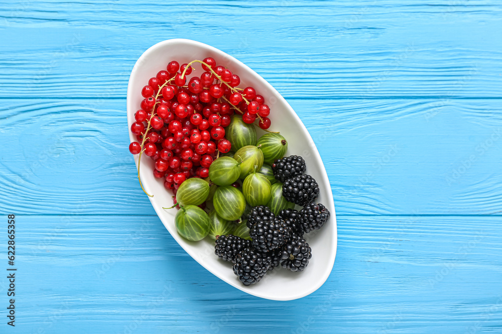 Bowl with fresh blackberry, gooseberry and currant on blue wooden background