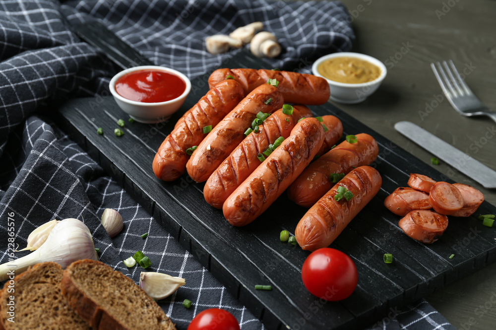 Board with delicious grilled sausages and vegetables on black wooden table, closeup