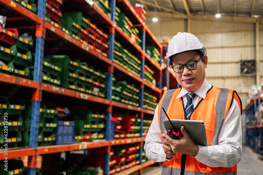 Portrait of Asian man industrial worker working in manufacturing plant. 