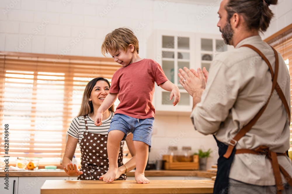 Caucasian family spending leisure free time together indoors in house. 