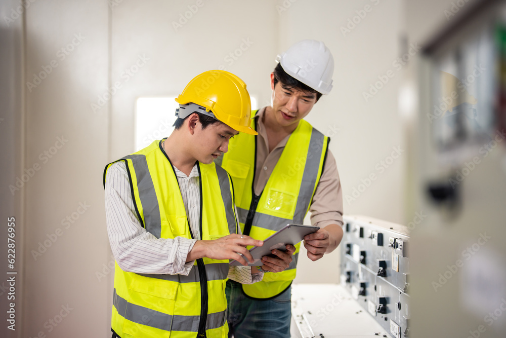 Asian attractive man industrial worker working in manufacturing plant. 