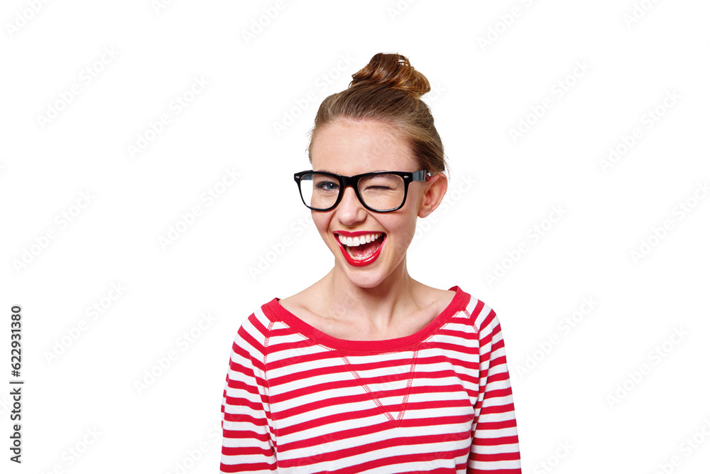 Fashion, glasses and wink with portrait of woman on png for nerd, education and youth. Happy, smart 