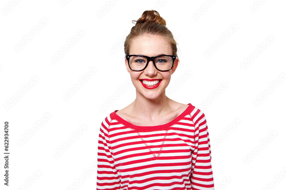 Fashion, glasses and college with portrait of woman on png for nerd, education and youth. Happy, sma