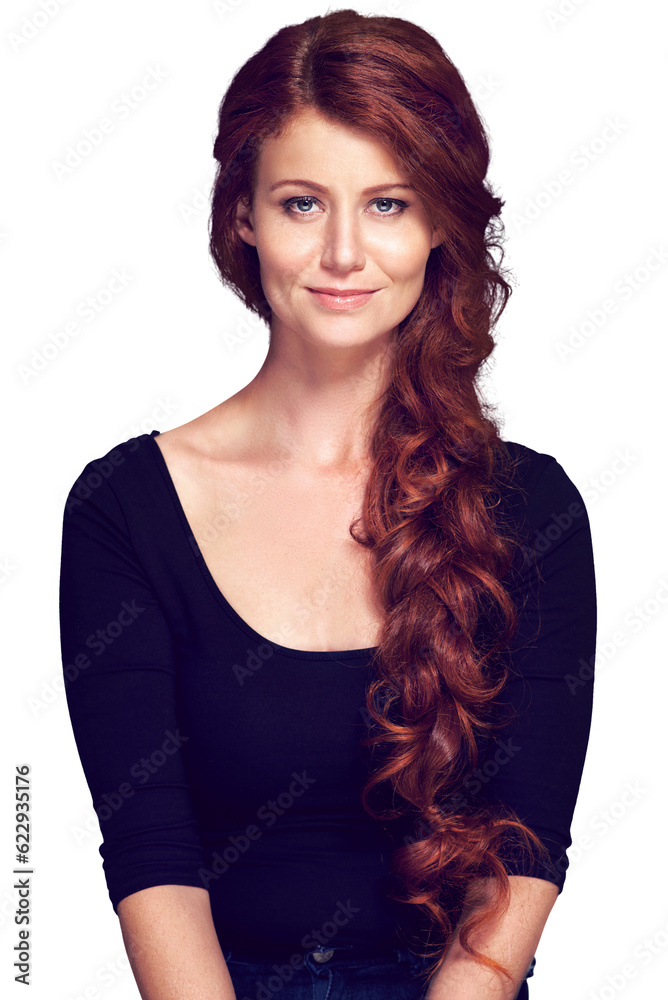 Woman portrait, ginger and red curly hair with healthy grooming design, clean salon haircut or stron