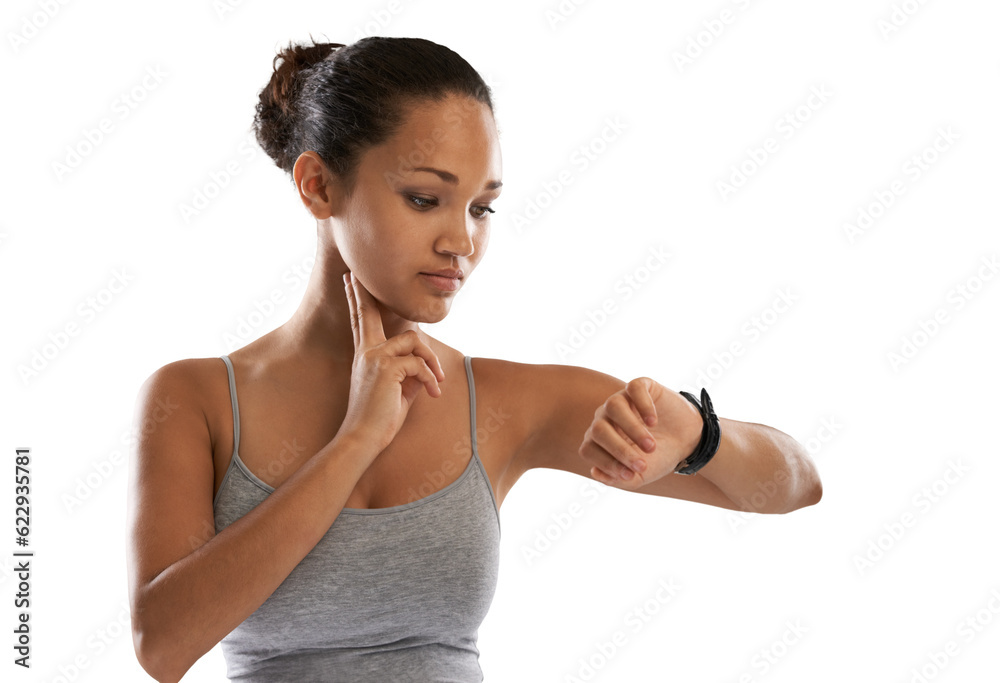 Woman, sports and check heart rate on watch, timer and monitor health progress isolated on transpare