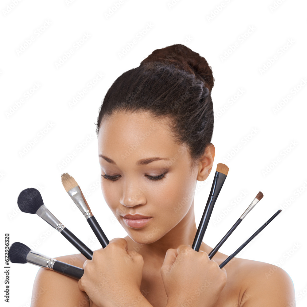 Beauty, makeup and cosmetics with woman and brushes on png for facial, salon and cosmetology. Skinca