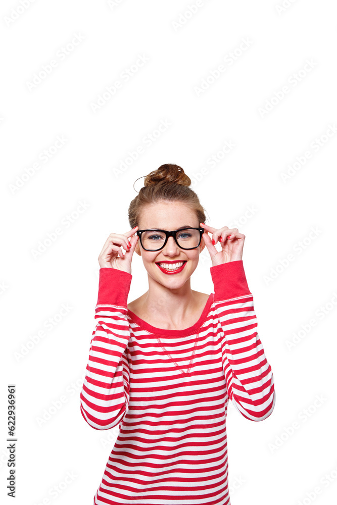 Beauty, glasses and geek with portrait of woman on png for nerd, education and youth. Happy, fashion