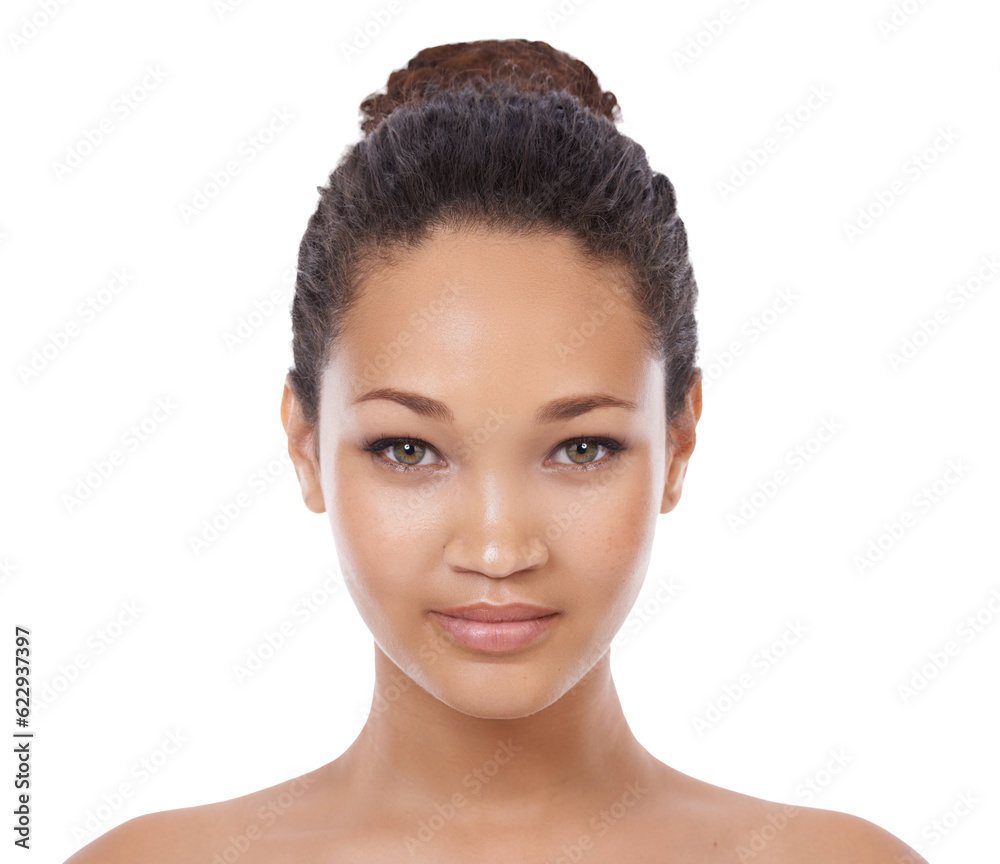 Beauty, natural and portrait of woman for skincare on isolated, png and transparent background. Derm