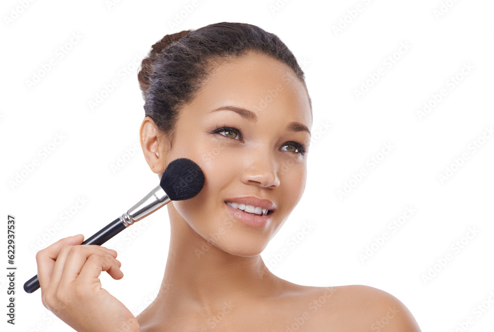 Woman, brush or makeup of cheek cosmetics, aesthetic tools or isolated on transparent png background