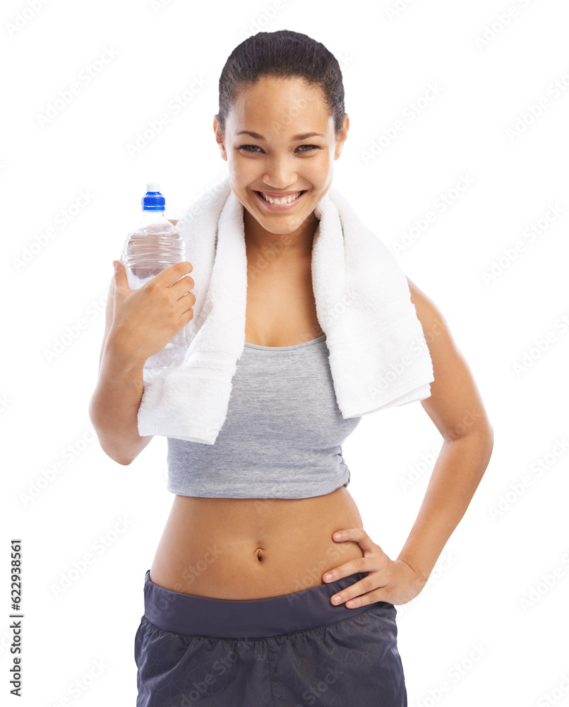 Fitness, towel and portrait of woman with water on isolated, png and transparent background for well