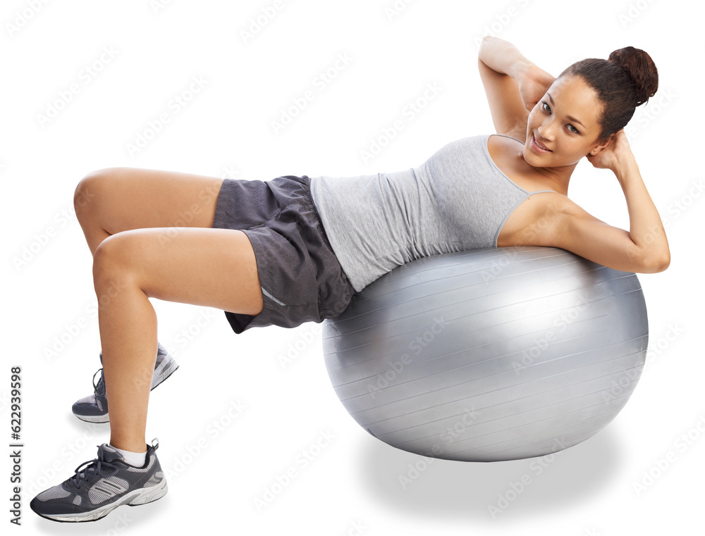 Fitness, portrait and exercise ball pushup for woman on isolated, transparent and png background. Gy